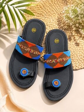 Beaded Strap Black Slide Sandals with Blue & Orange Accents